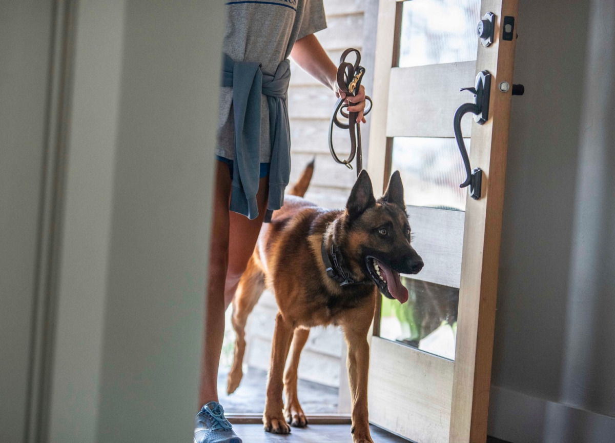 Woman walking a dog through a doorway.